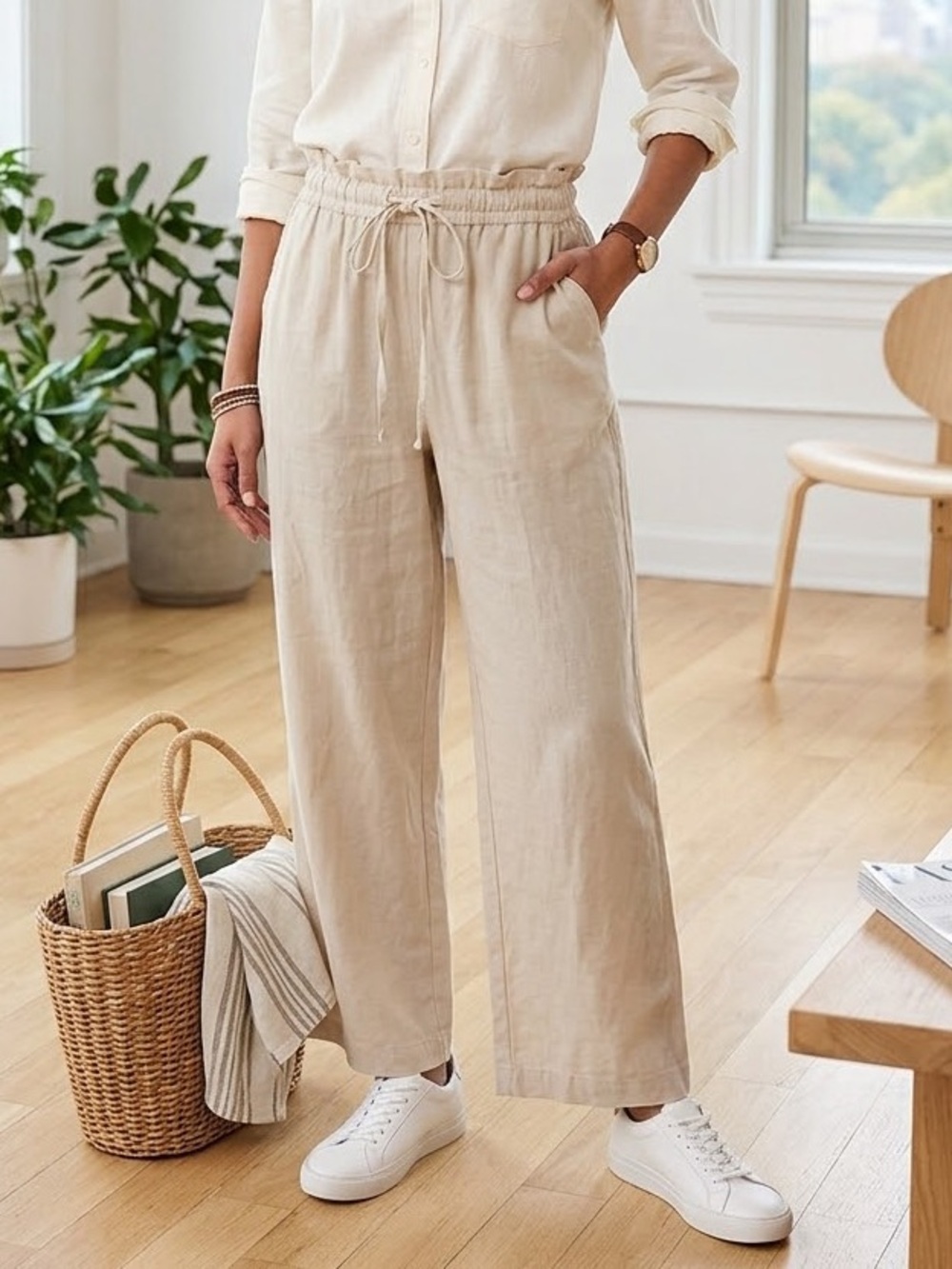 Women’s Neutral Wide-Leg Drawstring Linen Pants